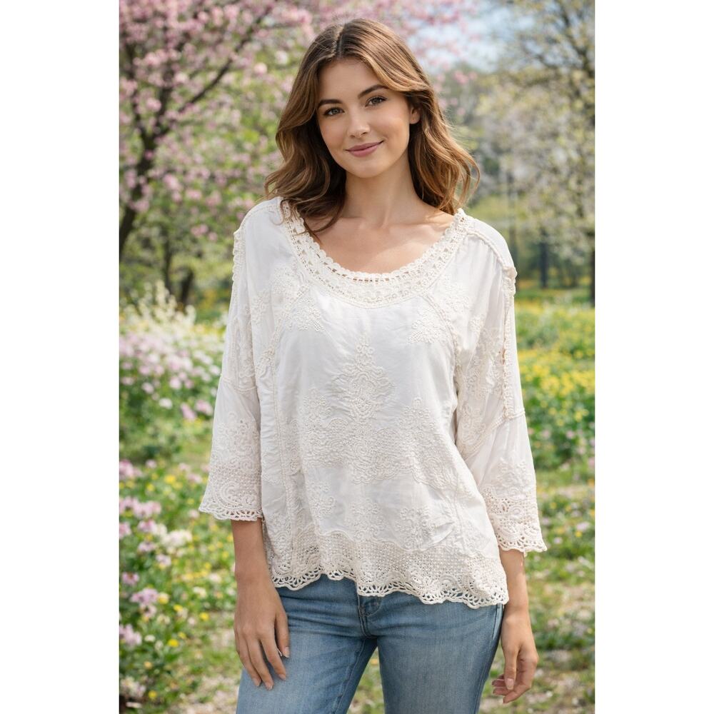 Democracy Small Cream‎ Boho Cottagecore Lace Peasant Embroidered Festival
